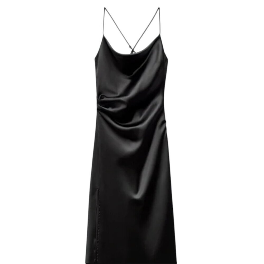 Zara Black Satin Slip Midi Dress